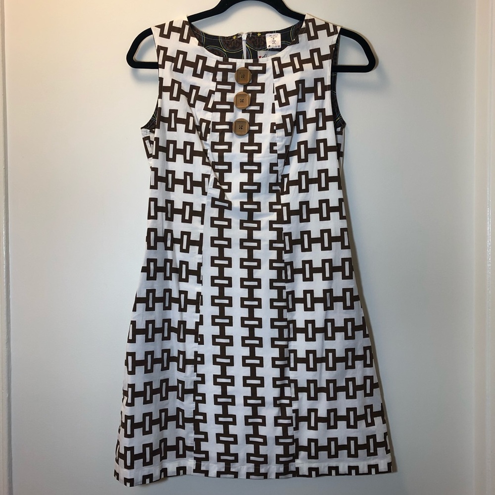 Diggy Lizzie Brown & White Geometric Dress (Small)